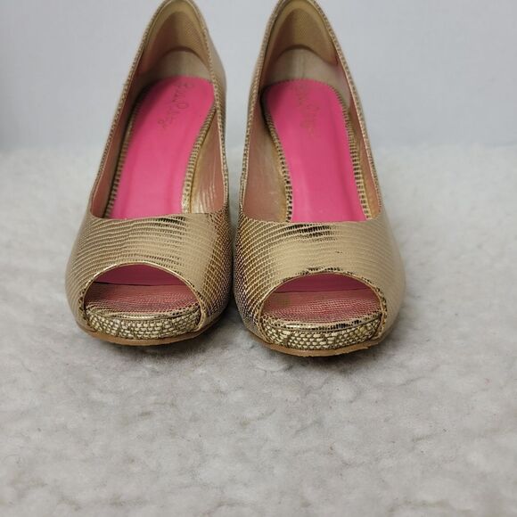 Lilly Pulitzer Women's Shoes Size 5.5  Gold Resort Chic Peep Toe Wedge Pumps - Picture 2 of 10